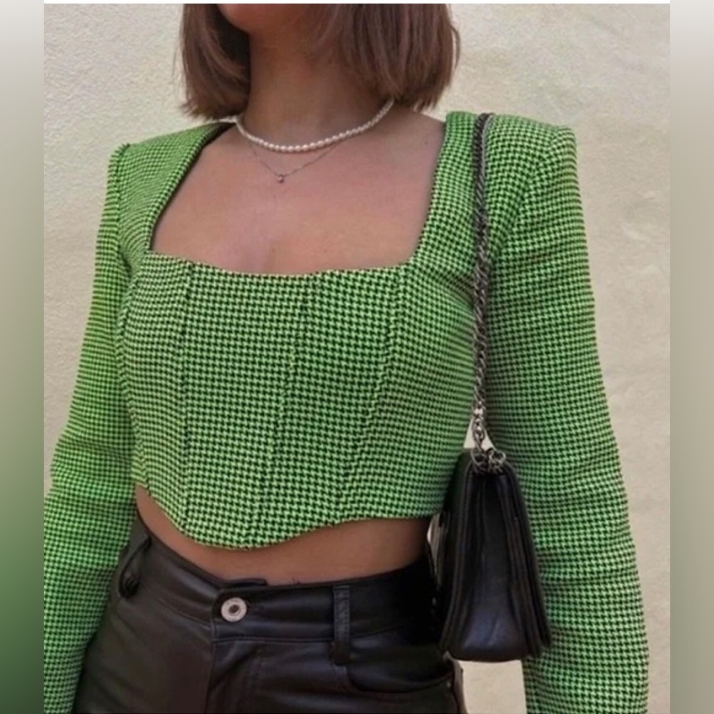 Zara women’s green houndstooth crop top blouse size small new - Picture 4 of 7